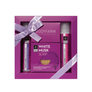 BodyFarm Mini darčekový set s bielym pižmom  BodyFarm Mini gift set White Musk (SG + MB + Soap)