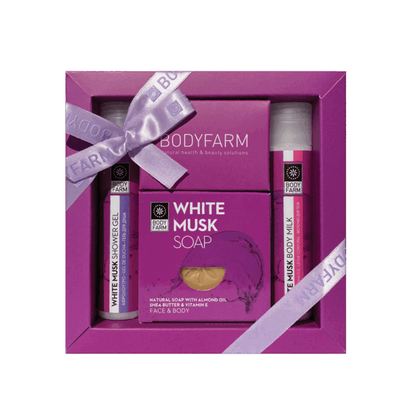 BodyFarm Mini darčekový set s bielym pižmom  BodyFarm Mini gift set White Musk (SG + MB + Soap)